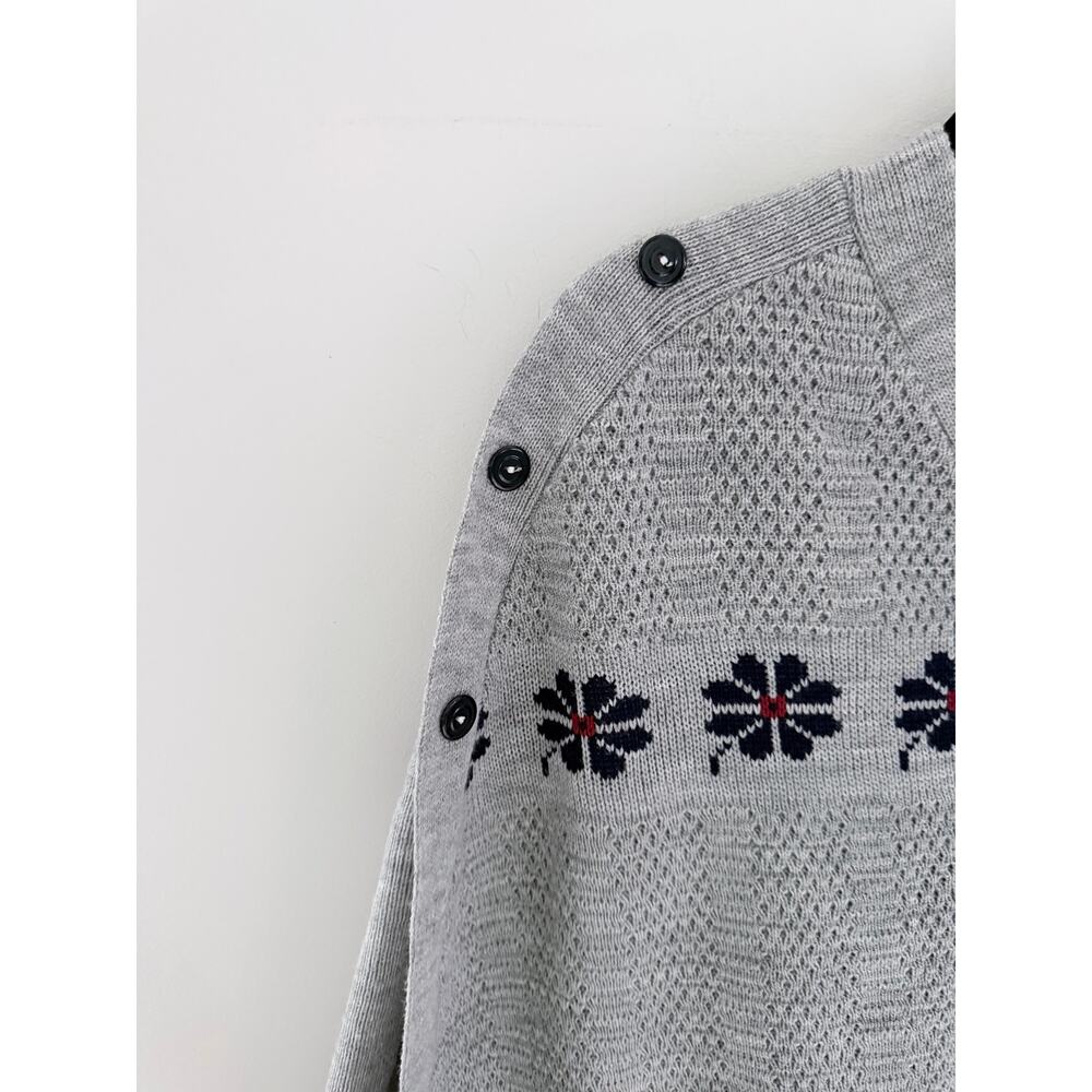 Grey Blue Knit Floral Fringe Button Poncho-One Size - Picture 2 of 4